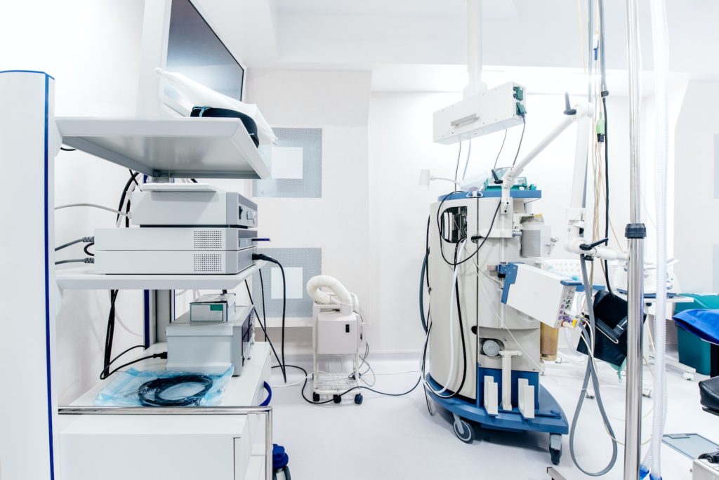 Close up details of hospital operating room interior. Medical devices and life support monitors